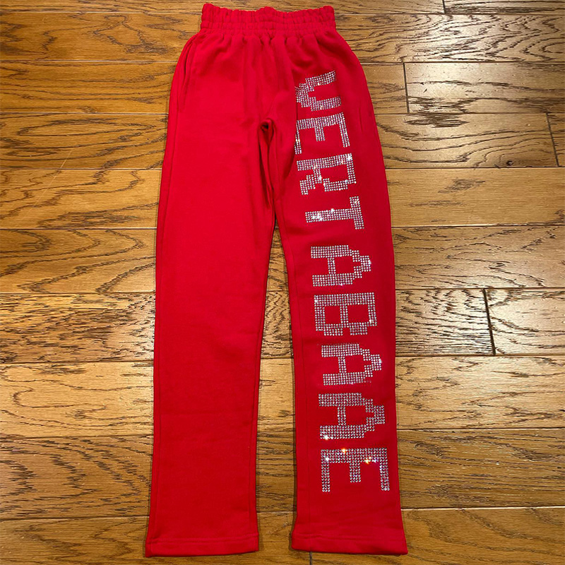 Fashion Ins Hot Style Elastic Rhinestones Casual Sportswear Sweatpants Knit Track Sweat Stacked Pants