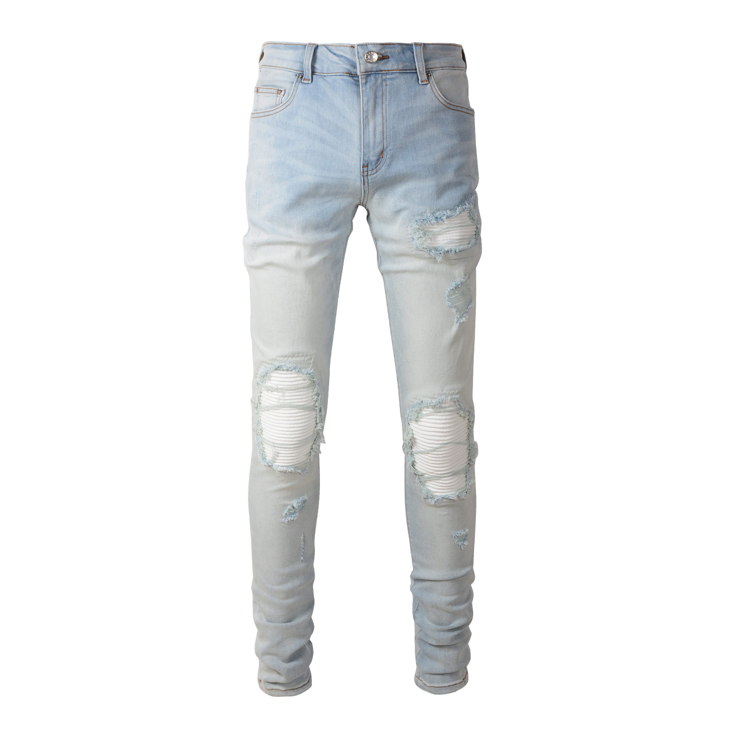 Men’s Motorcycle Style Personalized Biker Moto Pleat Wash White Blue Vintage Jeans