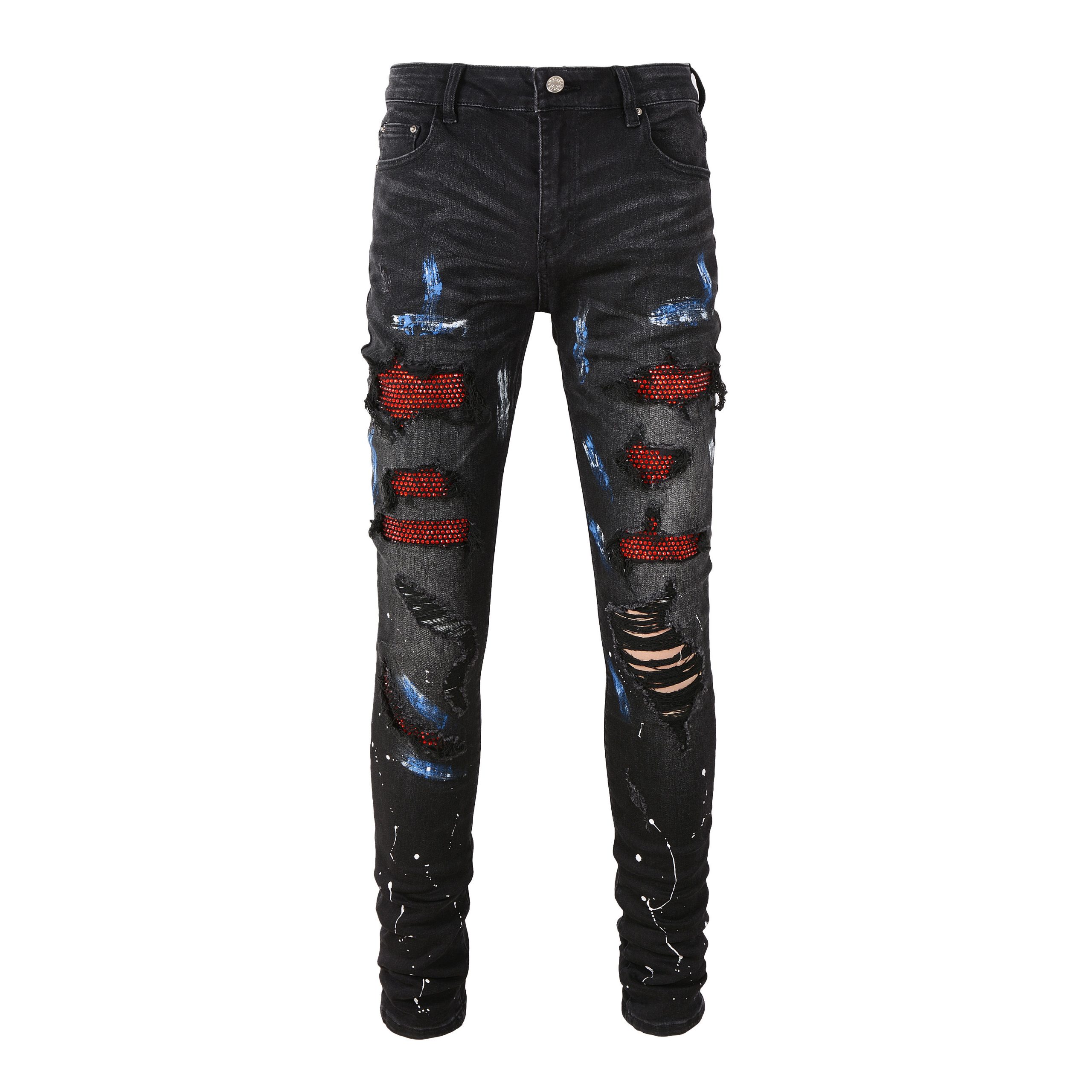 Customized Logo Streetwearamerican Street Style Rhinestone Skinny Denim Men Black Jeans