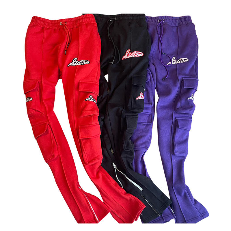 Oem Custom Heavy Work Cargo Pants Stacked Cargo Pocket Flared Sweatpants Custom Multi Pockets